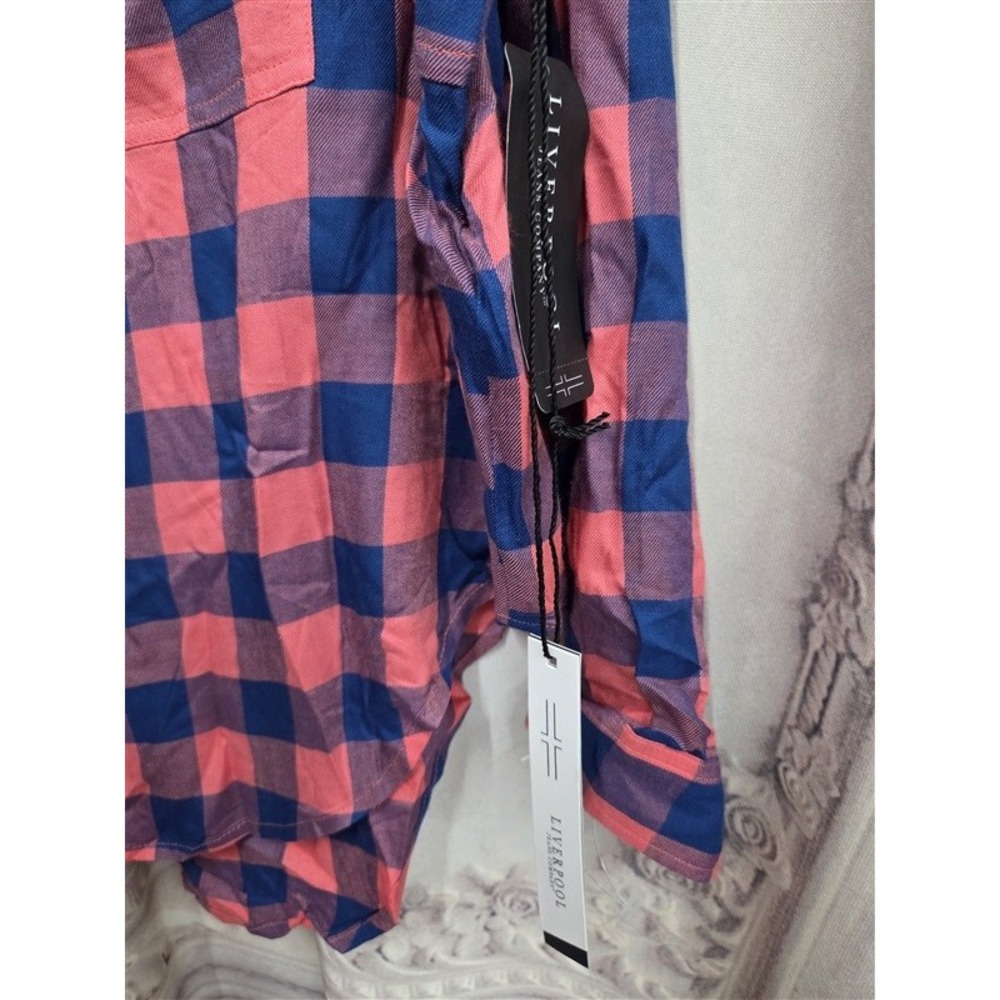 NWT Liverpool XS Button Up Long Sleeve Plaid Pink Blue Top 131998 - Picture 3 of 4